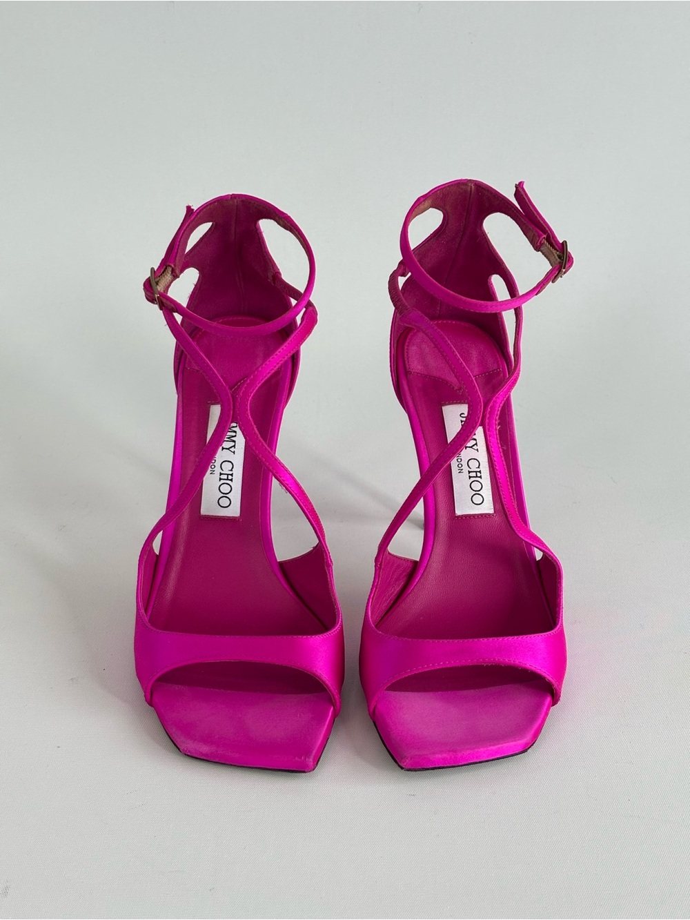 Jimmy Choo Azia 110 Fuchsia Satin Strappy Sandals Size EU 39.5 (US 9.5) Dust Bag